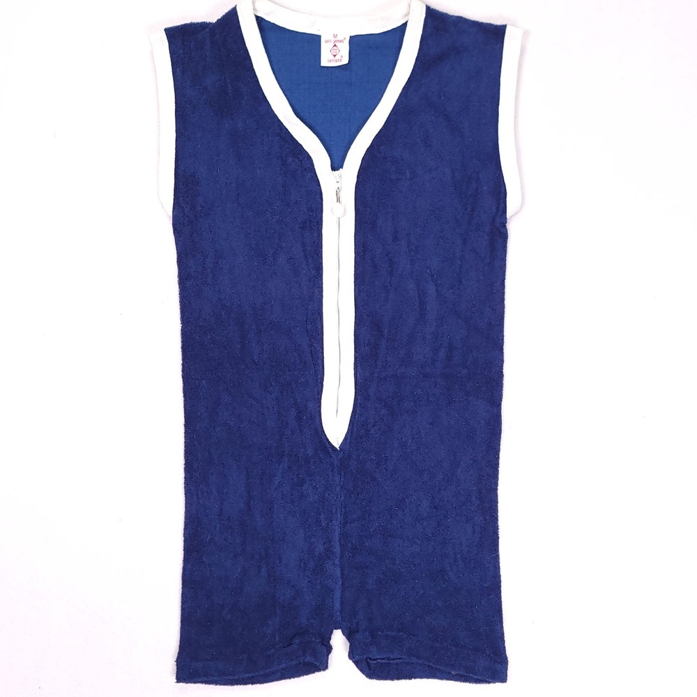 Vintage Lollipop Lolli-jamas Terry‎ Cloth Romper Blue White Zip Front Womens M